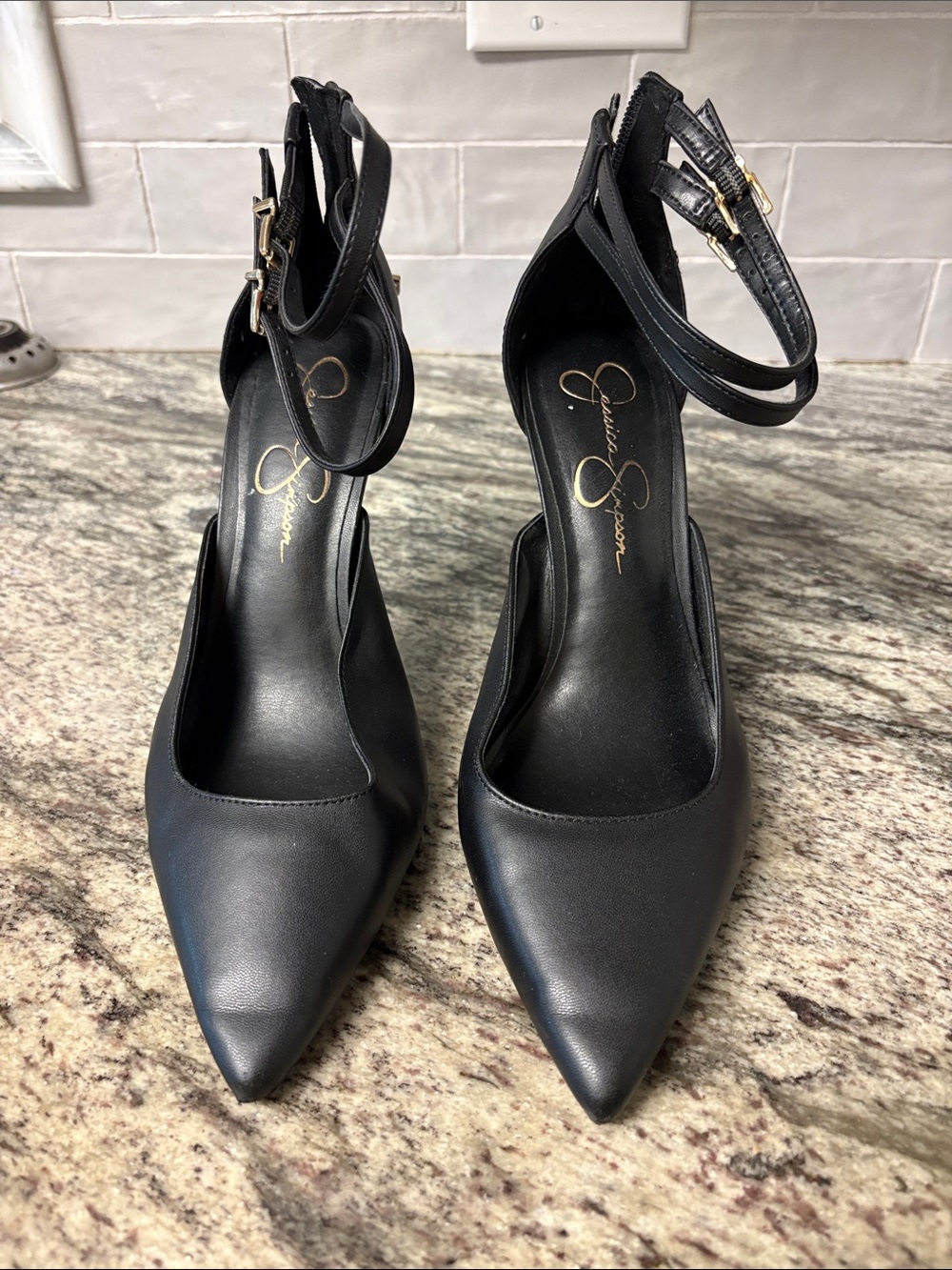 Jessica Simpson Black Pointed-Toe Stiletto Heels with Double Ankle Straps - Picture 2 of 2